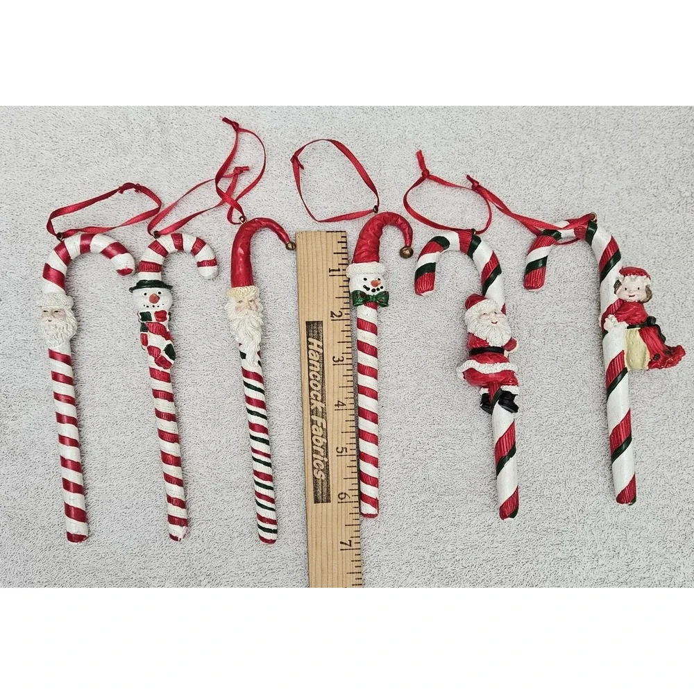 Six Vintage Intricate Candy Cane Ornaments‎ Santa Snowman Mrs. Claus